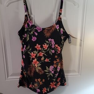 Floral Scoop Neck Swim Tankini Top - Black with Coral & Purple Flowers